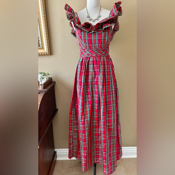Vintage 1970s Red Royal Stewart Tartan Plaid Ruffle Off Shoulder Maxi Dress XS - Picture 3 of 16